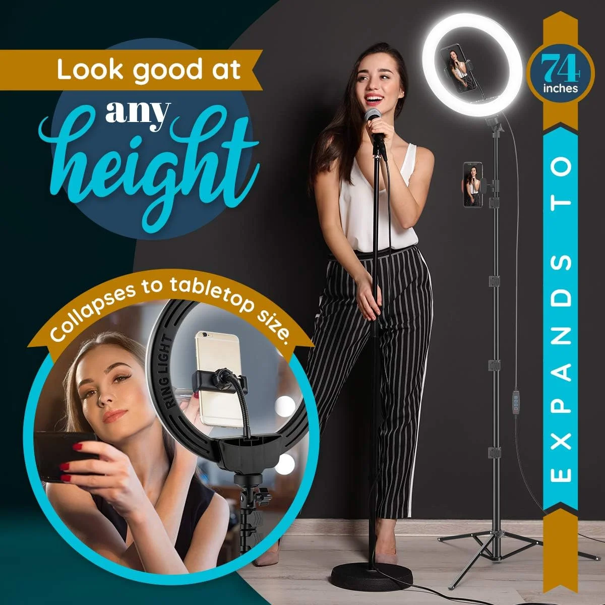 حلقه نور ال ای دی GearLight با سه پایه و دو نگهدارنده تلفن - برای آرایش، عکاسی، دکور اتاق - مشکی - 10 اینچ با سه پایه حلقه نور ال ای دی GearLight با سه پایه و دو نگهدارنده تلفن - برای آرایش، عکاسی، دکور اتاق - مشکی - 10 اینچ با سه پایه