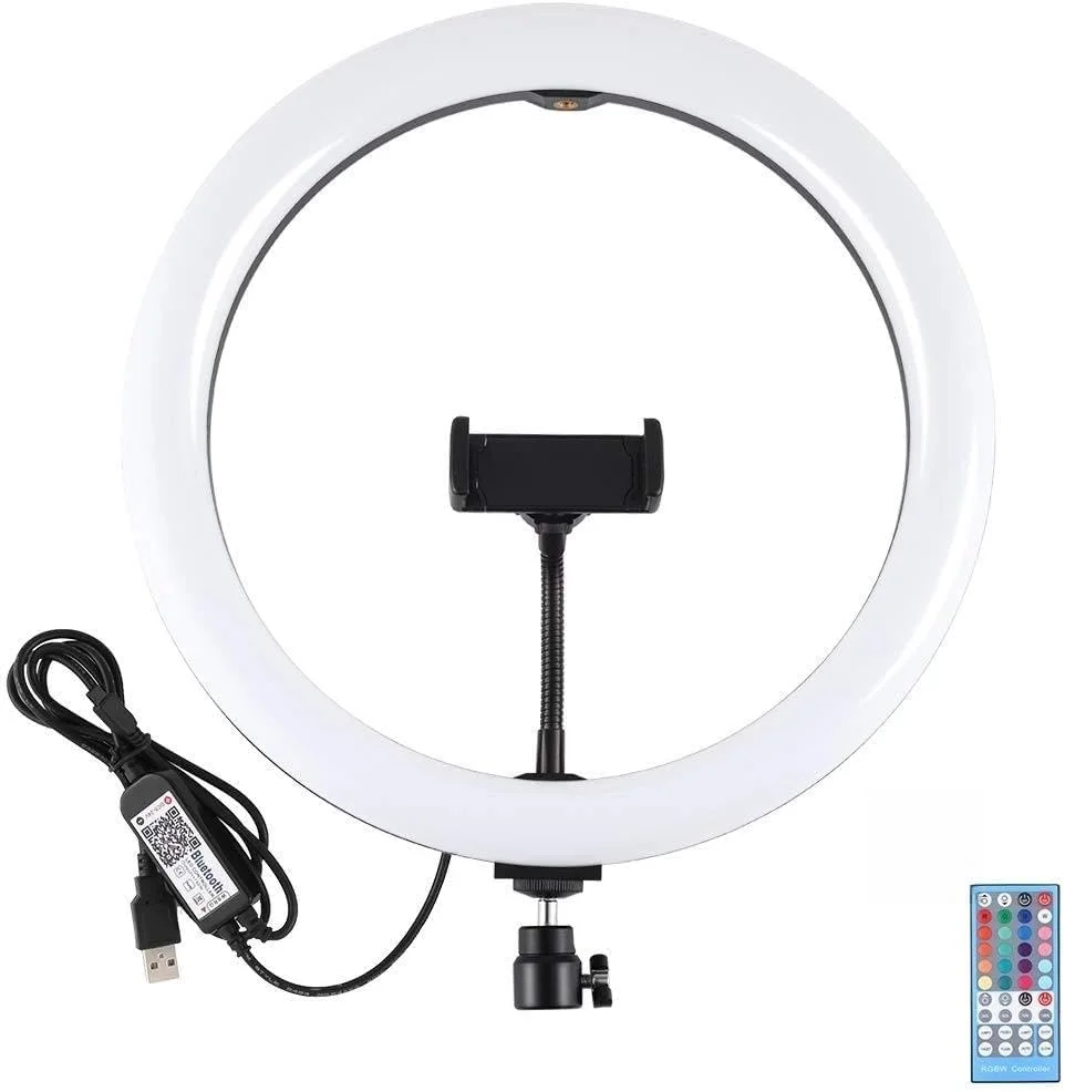 حلقه نور LED دیمر پذیر RGB دو رنگ با قطر 30 سانتی متر (11.8 اینچ) با نور پخش شده منحنی، مناسب ولاگ، سلفی، عکاسی و فیلمبرداری به همراه سه پایه کفشک سرد، هد توپی و گیره نگهدارنده گوشی و کنترل از راه دور (مشکی)