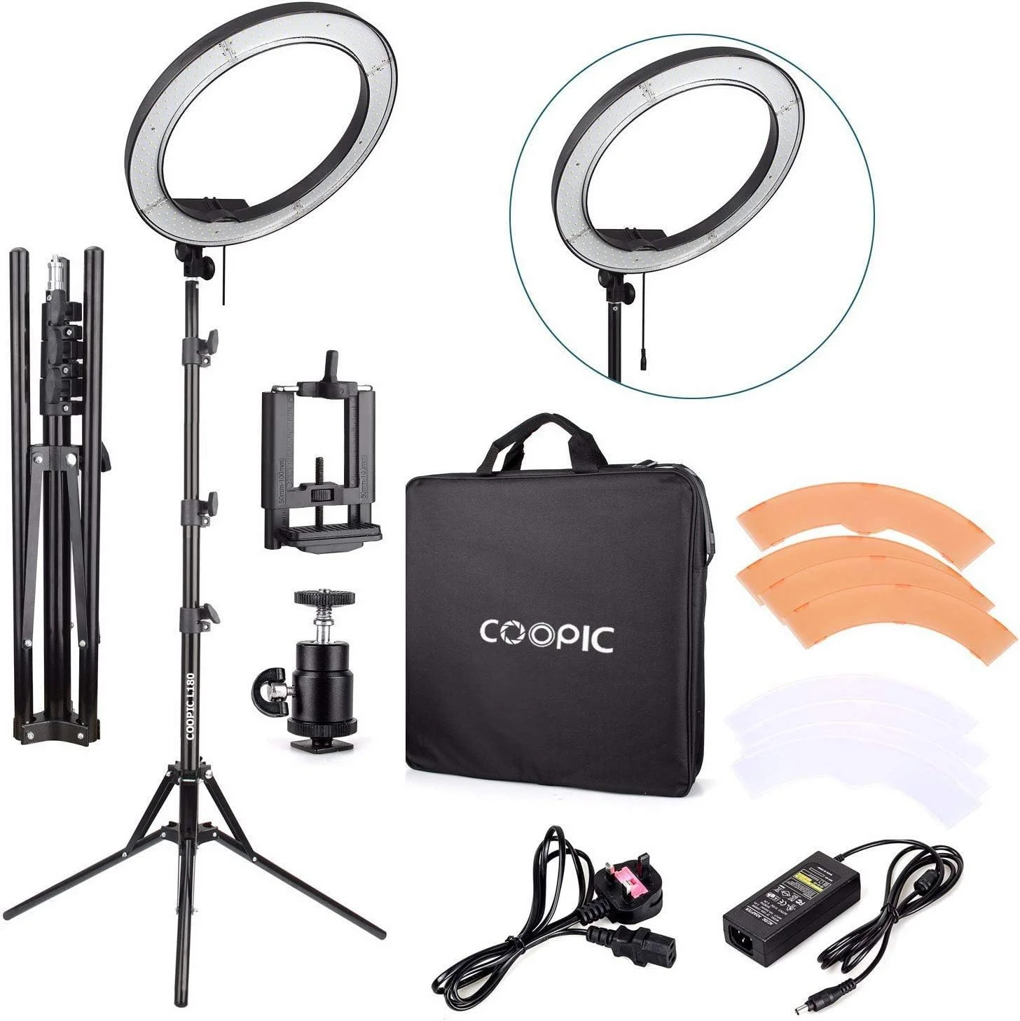 کیت COOPIC RL-650S (شامل نور، پایه، گیره تلفن، سر سه پایه) 55 وات 240 LED حلقه ای 5500K برای عکس دوربین، آرایش، پخش زنده، پرتره، استودیوی یوتیوب، فیلمبرداری، وبلاگ نویسی تیک تاک و غیره