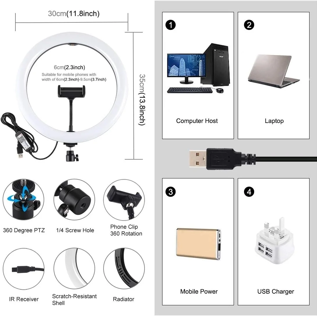 حلقه نور LED دیمر پذیر RGB دو رنگ با قطر 30 سانتی متر (11.8 اینچ) با نور پخش شده منحنی، مناسب ولاگ، سلفی، عکاسی و فیلمبرداری به همراه سه پایه کفشک سرد، هد توپی و گیره نگهدارنده گوشی و کنترل از راه دور (مشکی) حلقه نور LED دیمر پذیر RGB دو رنگ با قطر 30 سانتی متر (11.8 اینچ) با نور پخش شده منحنی، مناسب ولاگ، سلفی، عکاسی و فیلمبرداری به همراه سه پایه کفشک سرد، هد توپی و گیره نگهدارنده گوشی و کنترل از راه دور (مشکی)
