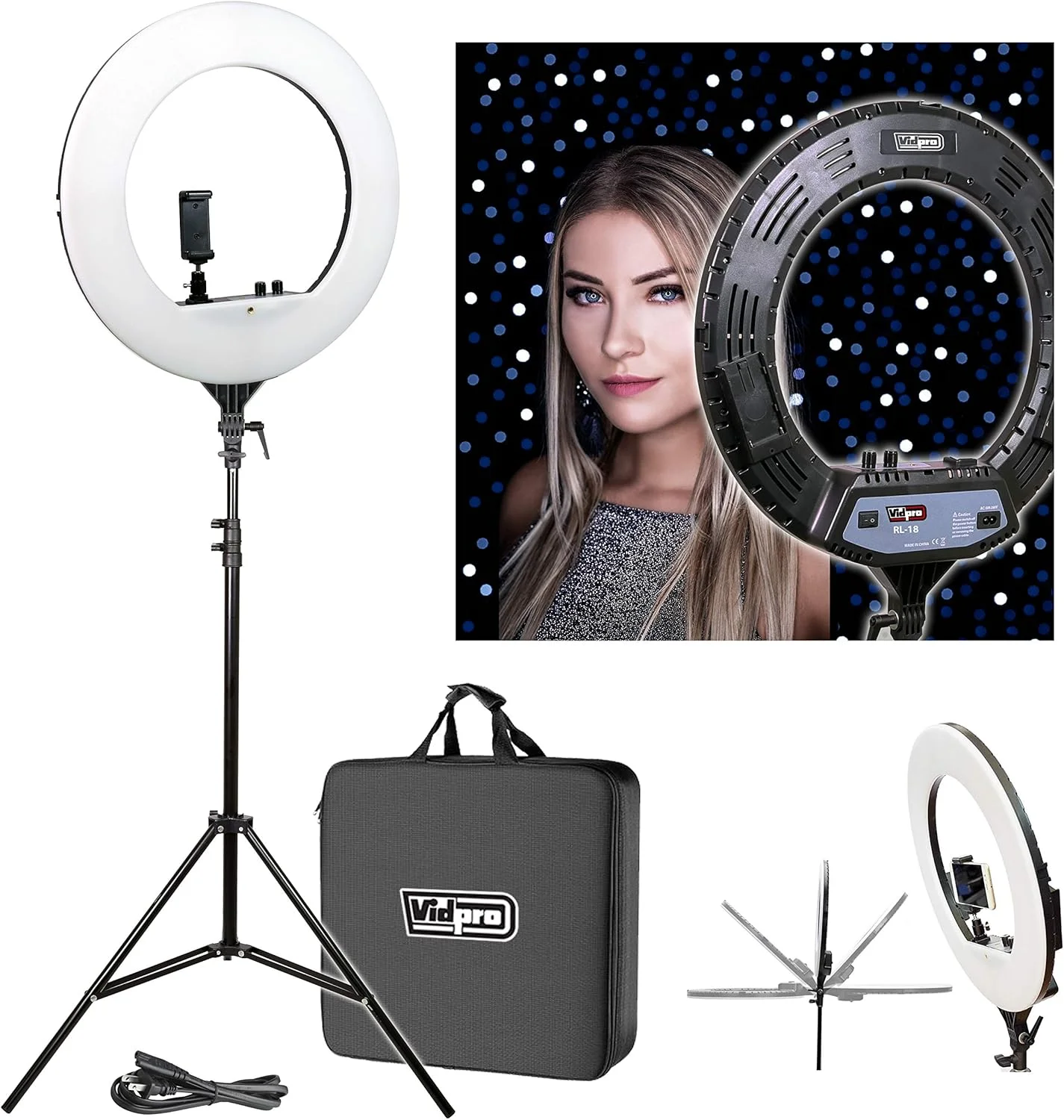 کیت نور حلقه ای 18 اینچی LED Vidpro RL-18 به همراه پایه و کیف - نور حلقه ای 55 واتی با قابلیت تنظیم نور و کنترل رنگ متغیر 3200-5600K، سازگار با اکثر دوربین ها و تلفن های هوشمند، ایده آل برای عکاسی زنده