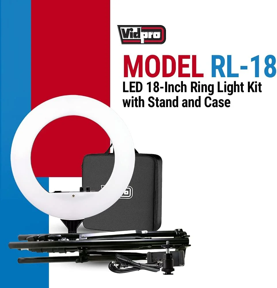 کیت نور حلقه ای 18 اینچی LED Vidpro RL-18 به همراه پایه و کیف - نور حلقه ای 55 واتی با قابلیت تنظیم نور و کنترل رنگ متغیر 3200-5600K، سازگار با اکثر دوربین ها و تلفن های هوشمند، ایده آل برای عکاسی زنده کیت نور حلقه ای 18 اینچی LED Vidpro RL-18 به همراه پایه و کیف - نور حلقه ای 55 واتی با قابلیت تنظیم نور و کنترل رنگ متغیر 3200-5600K، سازگار با اکثر دوربین ها و تلفن های هوشمند، ایده آل برای عکاسی زنده