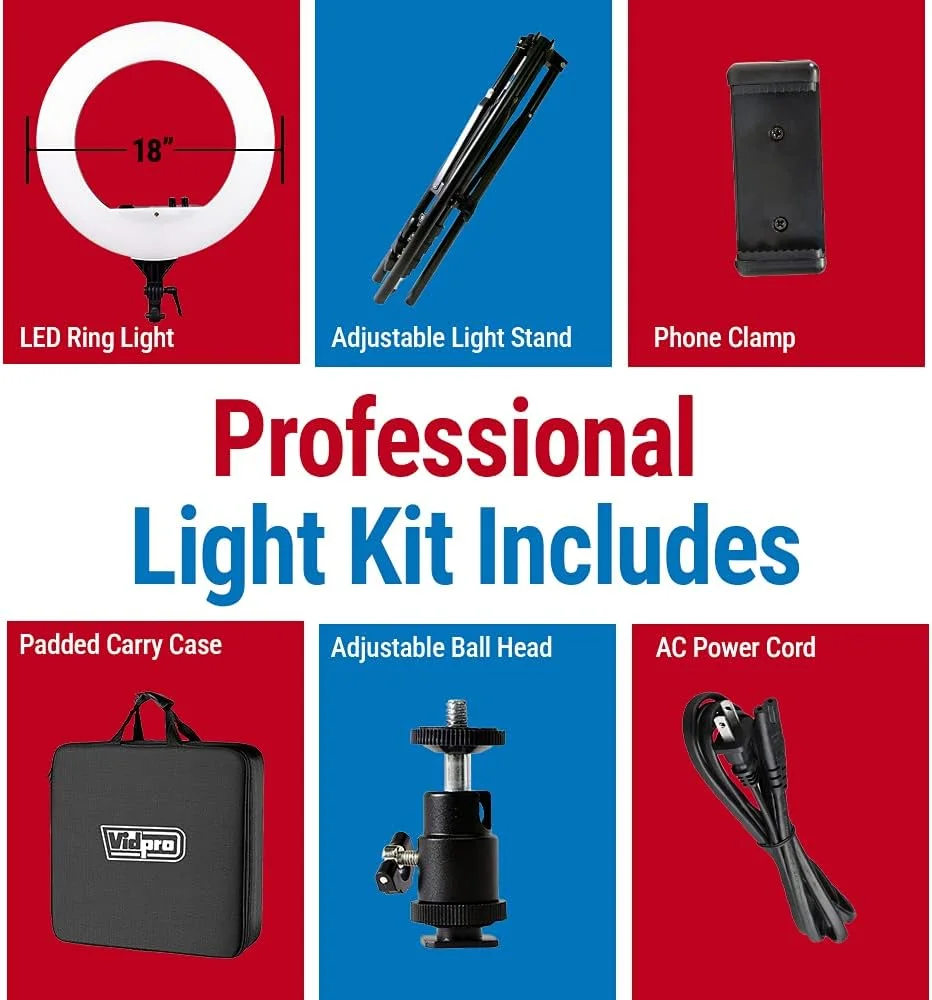 کیت نور حلقه ای 18 اینچی LED Vidpro RL-18 به همراه پایه و کیف - نور حلقه ای 55 واتی با قابلیت تنظیم نور و کنترل رنگ متغیر 3200-5600K، سازگار با اکثر دوربین ها و تلفن های هوشمند، ایده آل برای عکاسی زنده کیت نور حلقه ای 18 اینچی LED Vidpro RL-18 به همراه پایه و کیف - نور حلقه ای 55 واتی با قابلیت تنظیم نور و کنترل رنگ متغیر 3200-5600K، سازگار با اکثر دوربین ها و تلفن های هوشمند، ایده آل برای عکاسی زنده