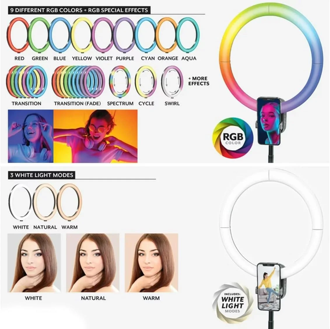 رینگ لایت 12 اینچی تاشو با پایه نگهدارنده و گیره تلفن همراه، مناسب برای سلفی با نور RGB برای تلفن، مناسب برای ولاگ، رسانه های اجتماعی، تماس های ویدیویی، ضبط و عکاسی