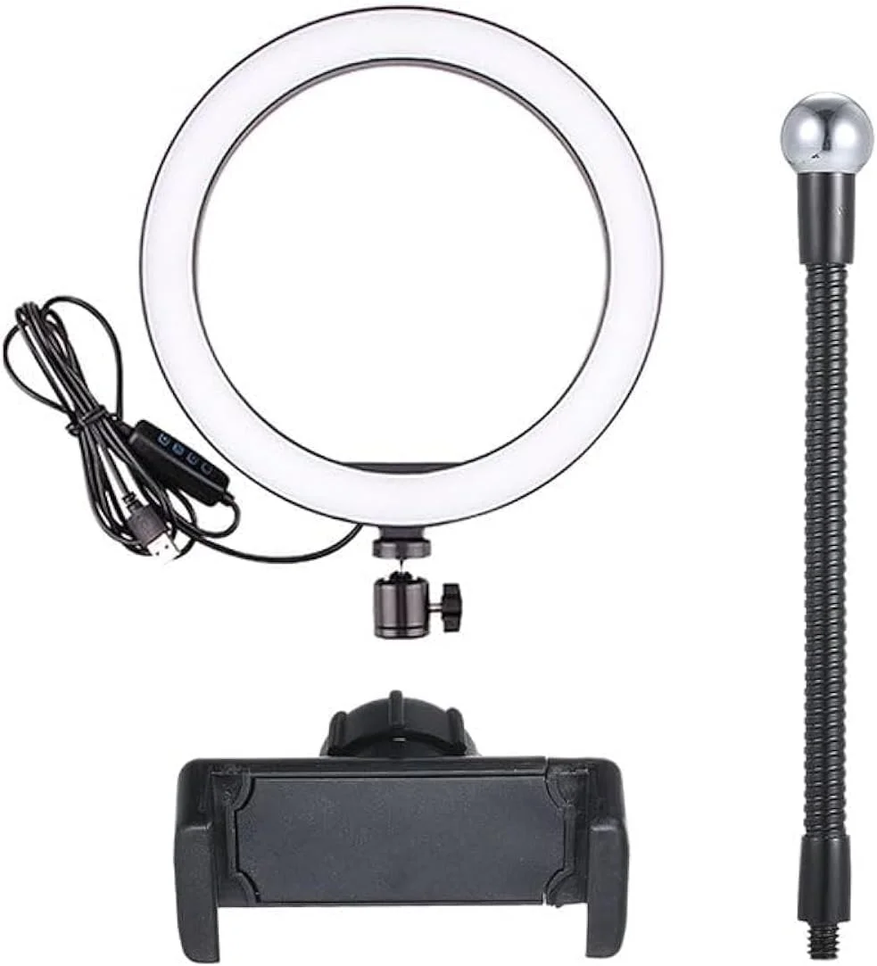 نور حلقه ای ال ای دی سلفی با قابلیت تنظیم نور و هولدر گوشی موبایل، مشکی/سفید، چند رنگ