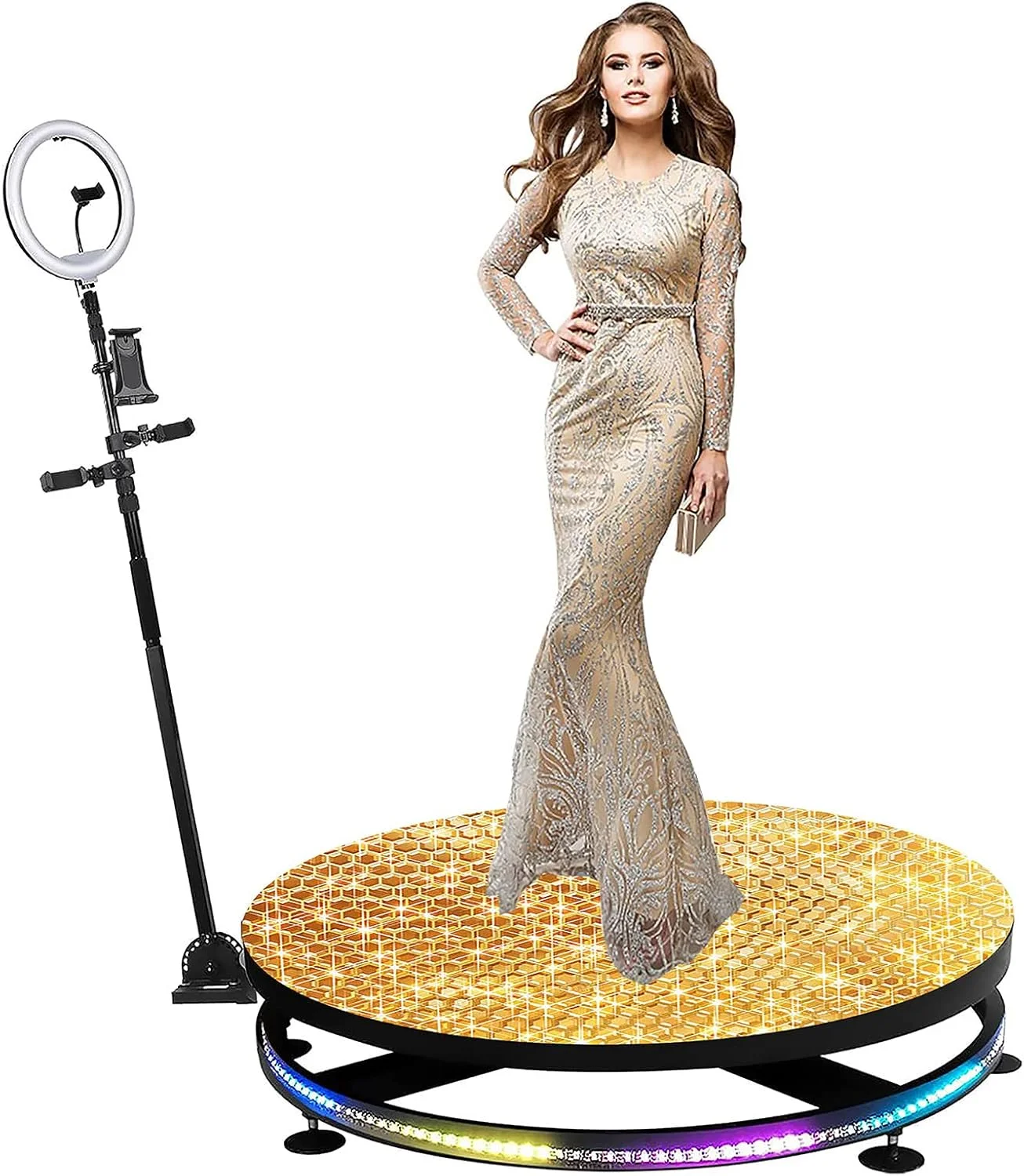 دستگاه عکاسی 360 درجه FURLOU برای مهمانی ها، کنترل از راه دور با اپلیکیشن، دارای هولدر سلفی رینگ لایت، حرکت آهسته خودکار برای عروسی ها، پخش زنده، قابلیت سفارشی سازی لوگو (رنگ: کارتنی، سایز: 39.4 اینچ)