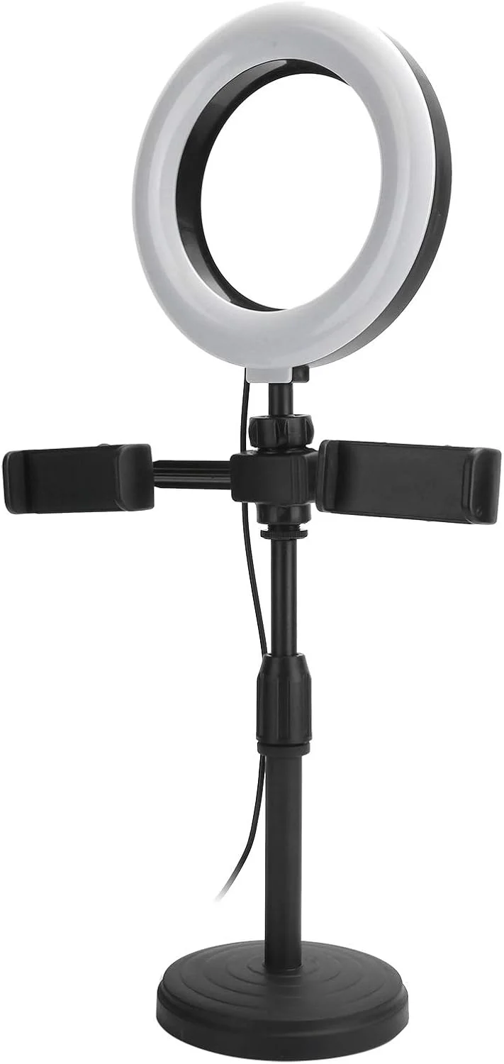 چراغ حلقه ای ال ای دی 6 اینچی با نگهدارنده تلفن همراه، پایه رومیزی با 2 گیره تلفن برای سلفی، 3 حالت نور و 9 نوع روشنایی