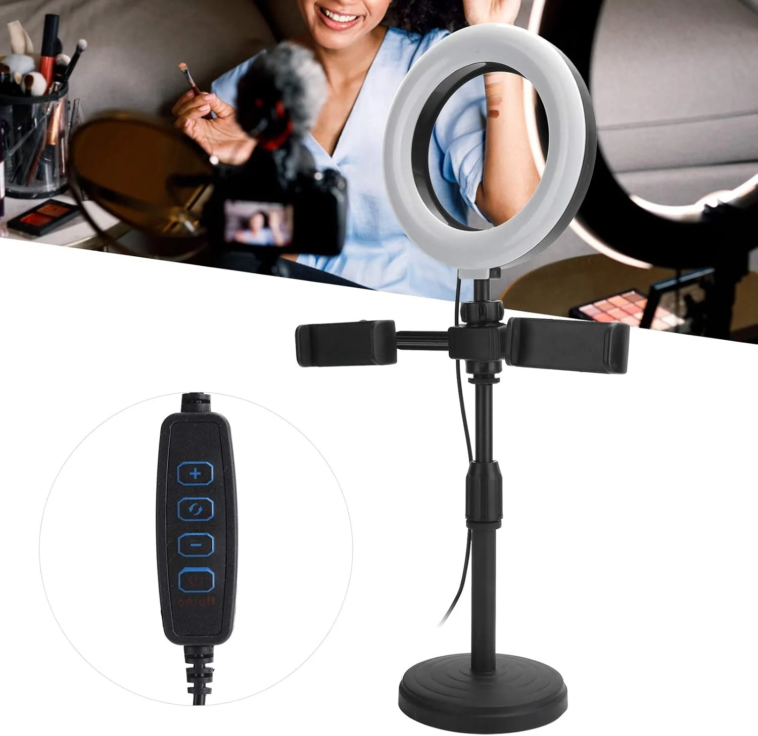 چراغ حلقه ای ال ای دی 6 اینچی با نگهدارنده تلفن همراه، پایه رومیزی با 2 گیره تلفن برای سلفی، 3 حالت نور و 9 نوع روشنایی