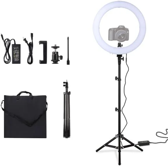 AECAM - نور حلقوی LED ییژستودیو 18 اینچی دیمرپذیر 60 وات به همراه سه پایه 2 متری برای عکاسی و فیلمبرداری یوتیوب به همراه کیف حمل (کیت نورپردازی)