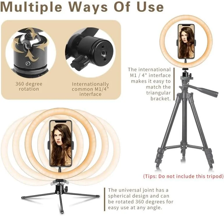 AECAM - چراغ LED روشن با پایه سه پایه و نگهدارنده تلفن، 3 حالت نور و 10 سطح روشنایی، چراغ رومیزی برای آرایش، عکاسی، فیلم یوتیوب (حلقه نور 22 سانتی متری)