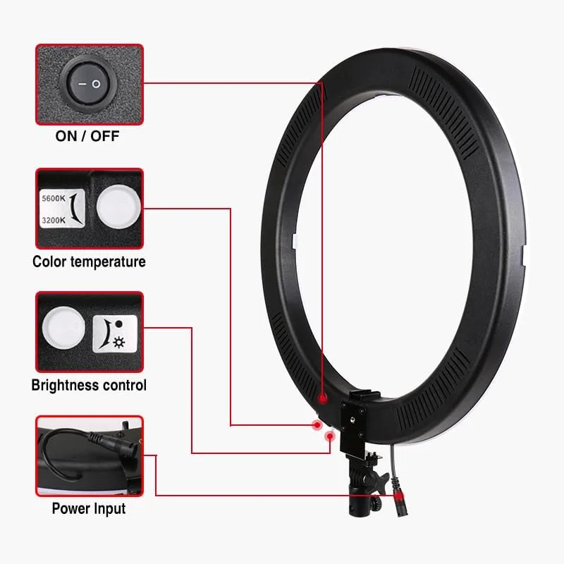 AECAM - نور حلقوی LED ییژستودیو 18 اینچی دیمرپذیر 60 وات به همراه سه پایه 2 متری برای عکاسی و فیلمبرداری یوتیوب به همراه کیف حمل (کیت نورپردازی) AECAM - نور حلقوی LED ییژستودیو 18 اینچی دیمرپذیر 60 وات به همراه سه پایه 2 متری برای عکاسی و فیلمبرداری یوتیوب به همراه کیف حمل (کیت نورپردازی)