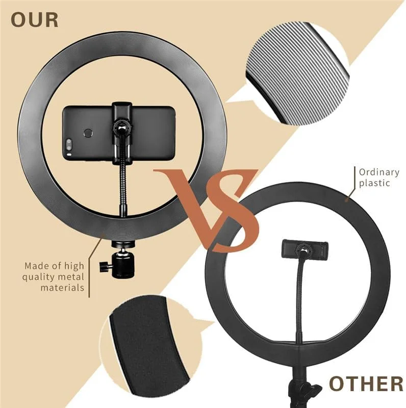 AECAM - چراغ LED روشن با پایه سه پایه و نگهدارنده تلفن، 3 حالت نور و 10 سطح روشنایی، چراغ رومیزی برای آرایش، عکاسی، فیلم یوتیوب (حلقه نور 22 سانتی متری)