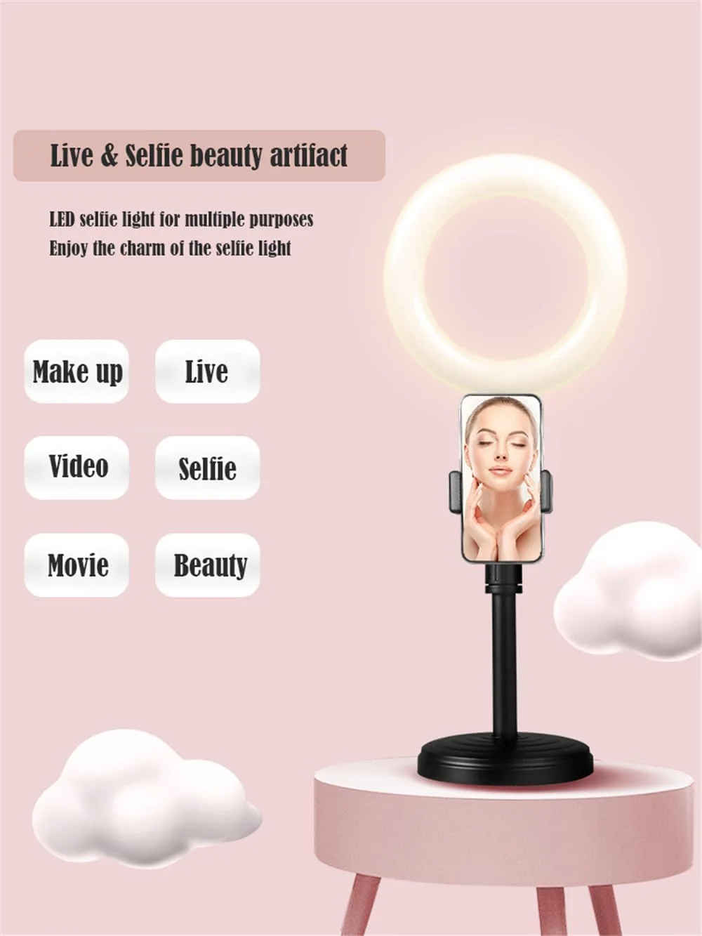 AECAM - نور حلقه ای LED برای ویدیو با پایه و نگهدارنده ρһопе مناسب برای نورپردازی زنده ویدیوهای آرایشی یوتیوب و عکاسی (دارای نگهدارنده میکروفون)