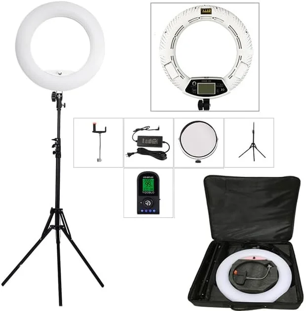 AECAM - نور حلقه ای دو رنگ و دیمر پذیر Yidoblo FE-480II با توان 96 وات و 480 LED به همراه پایه 2 متری و کیف حمل (سفید)