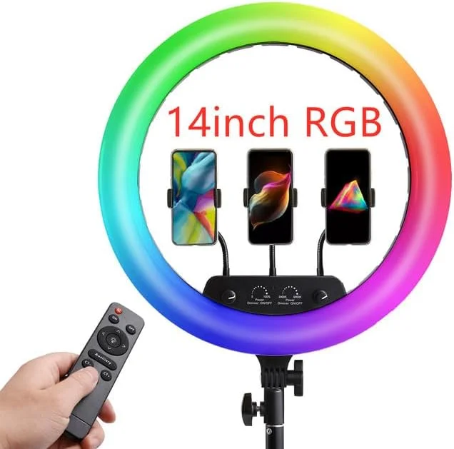 AECAM - نور حلقه ای ال ای دی RGB 14 اینچ 18 اینچ با کنترل از راه دور برای دوربین و عکاسی، لامپ بزرگ بدون سه پایه برای آرایش، ویدیو و استودیو (لامپ 14 اینچی) AECAM - نور حلقه ای ال ای دی RGB 14 اینچ 18 اینچ با کنترل از راه دور برای دوربین و عکاسی، لامپ بزرگ بدون سه پایه برای آرایش، ویدیو و استودیو (لامپ 14 اینچی)