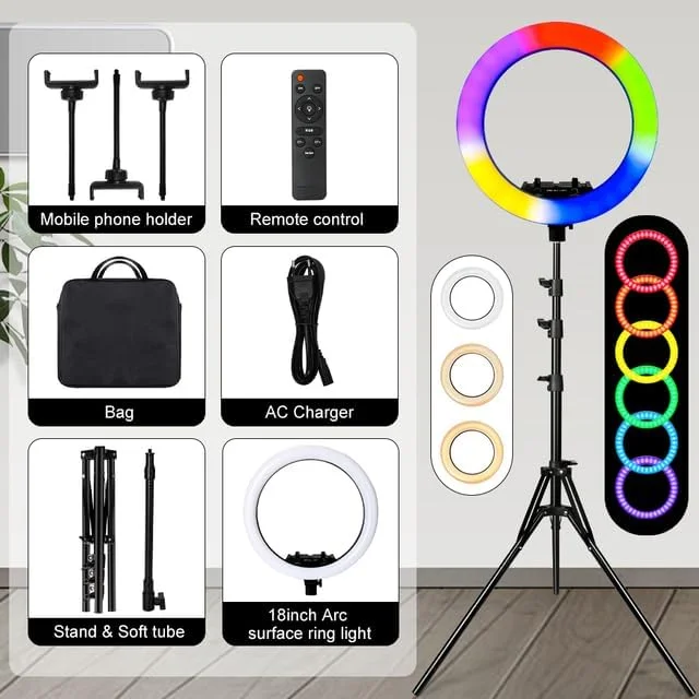 نور حلقه ای سلفی RGB با قطر 18 اینچ، نورپردازی عکاسی LED با قابلیت تنظیم نور 3200-5800K به همراه سه پایه، ریموت کنترل و نور پرکننده ویدیو استودیویی (نور RGB با سه پایه EU) نور حلقه ای سلفی RGB با قطر 18 اینچ، نورپردازی عکاسی LED با قابلیت تنظیم نور 3200-5800K به همراه سه پایه، ریموت کنترل و نور پرکننده ویدیو استودیویی (نور RGB با سه پایه EU)