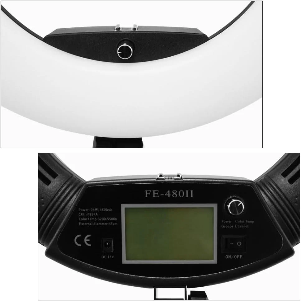 AECAM - نور حلقه ای دو رنگ و دیمر پذیر Yidoblo FE-480II با توان 96 وات و 480 LED به همراه پایه 2 متری و کیف حمل (سفید)