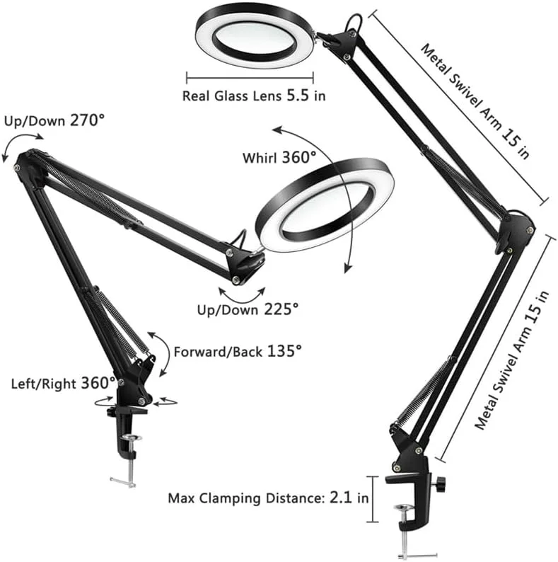 AECAM - نور حلقه ای LED قابل تنظیم برای سلفی، چراغ حلقه ای دوربین، چراغ مطالعه ذره بینی با گیره برای آرایش، ویدیو، پخش زنده و مطالعه (مشکی)