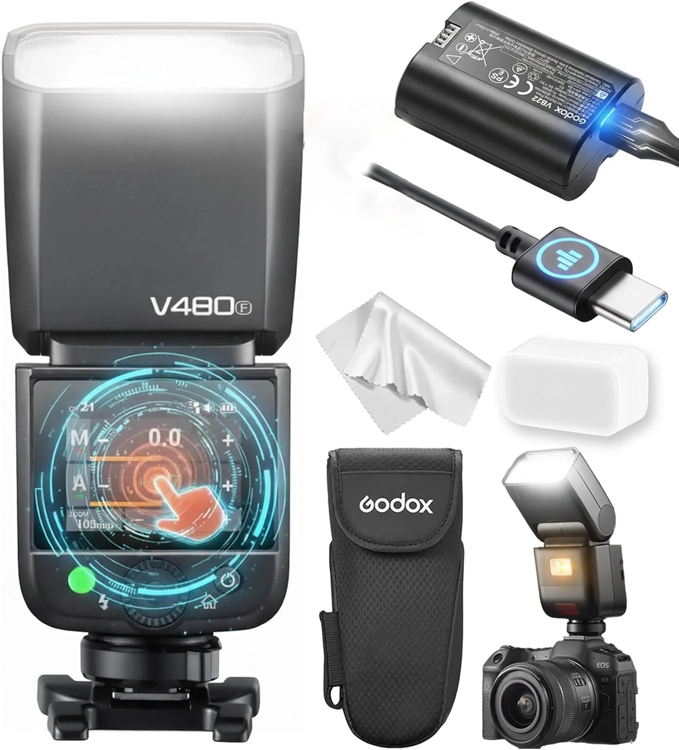 فلاش گودوکس V480F برای فوجی‌فیلم، اسپیدلایت لمسی V480F، TTL GN50 HSS 1/8000s، سازگار با Fujifilm X100VI GFX100RF XS20 XS10 XT30 II XT5 XM5 GFX50S GFX50R X-T4 X-T3 X-E4