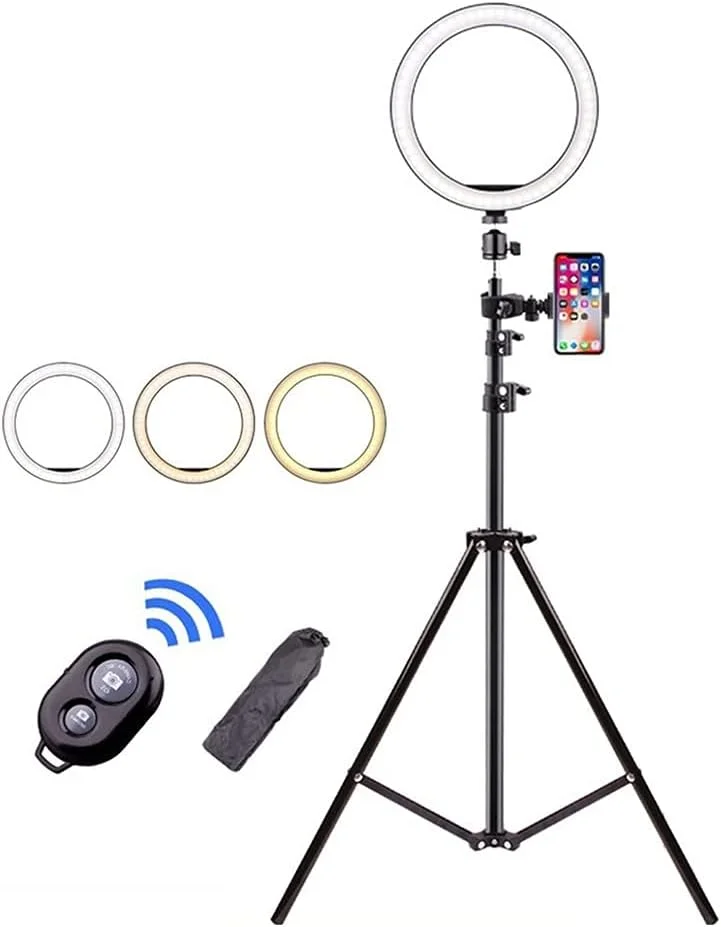 حلقه نور سلفی 10 اینچی با پایه و نگهدارنده تلفن، حلقه نور LED با کنترل از راه دور بلوتوث برای پخش زنده و ویدیوهای یوتیوب، آرایش، عکاسی، ولاگ (اندازه: 210 سانتی متر ارتفاع)