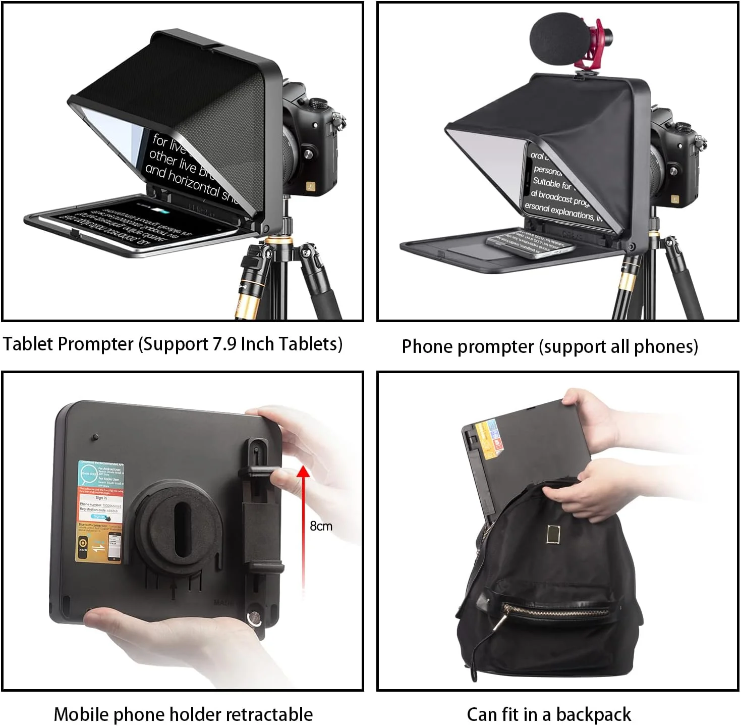 تله پرامپتر Bewinner با کنترل از راه دور، تله پرامپتر تاشو قابل حمل با آداپتورهای 49mm، 52mm، 58mm، 62mm، 67mm، 72mm، 77mm برای تلفن هوشمند، تبلت، دوربین SLR