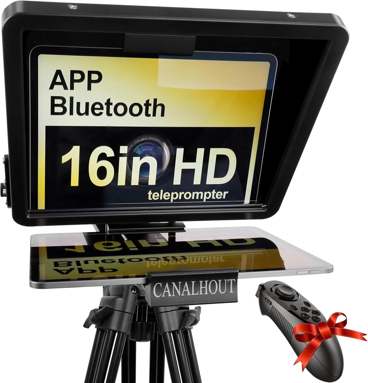 تله پرامپتر یونیورسال 16 اینچی با کنترل از راه دور، مناسب برای تمام تبلت ها/آیپد، دوربین فیلمبرداری/DSLR، از پیش مونتاژ شده، شیشه تقسیم پرتو 70/30 با کیف ضد آب، برای سخنرانی و ساخت ویدیو