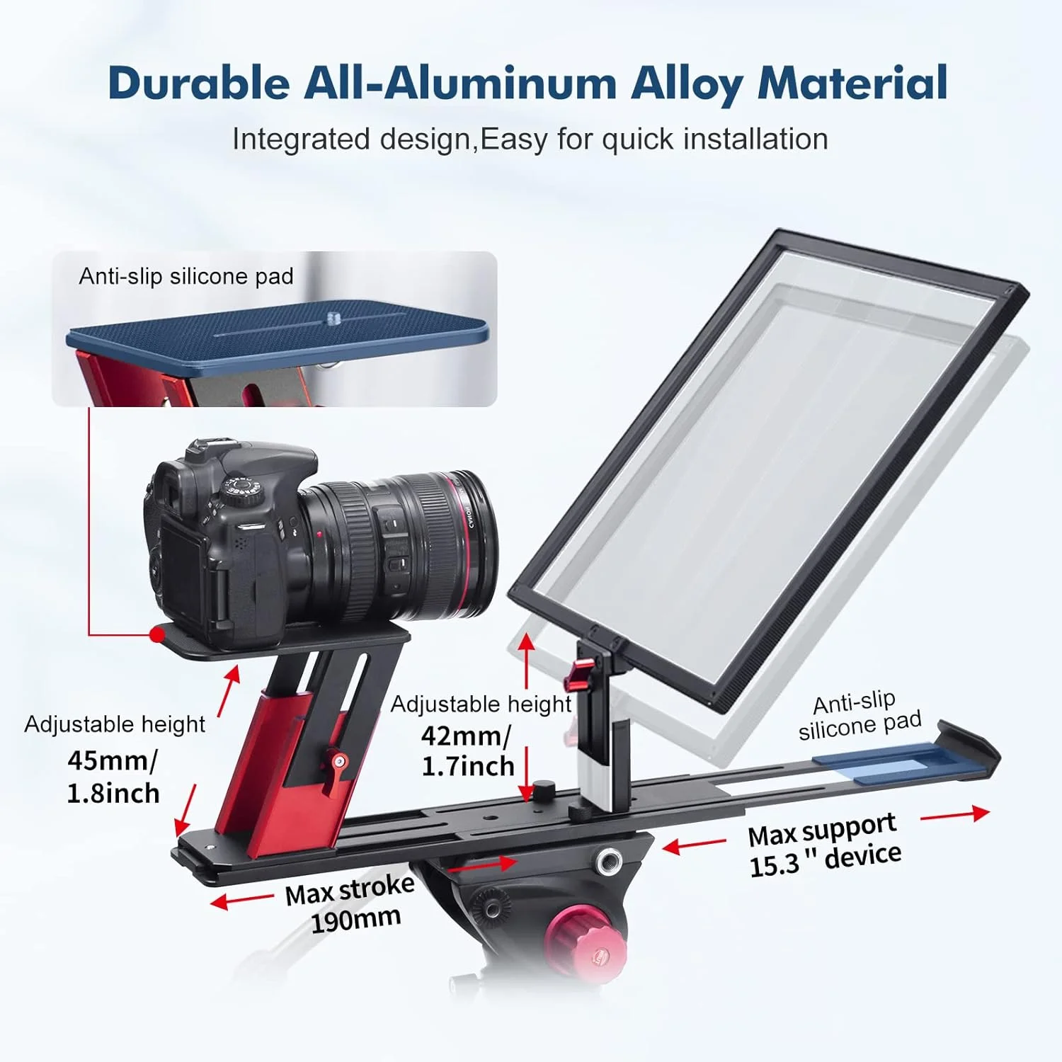 تله پرومتر 15 اینچی Desview TP150، تمام فلزی با قابلیت تنظیم ارتفاع، دارای ریموت کنترل و اپلیکیشن iOS/Android برای دوربین های DSLR/دوربین فیلمبرداری/وب کم با لنز واید تله پرومتر 15 اینچی Desview TP150، تمام فلزی با قابلیت تنظیم ارتفاع، دارای ریموت کنترل و اپلیکیشن iOS/Android برای دوربین های DSLR/دوربین فیلمبرداری/وب کم با لنز واید