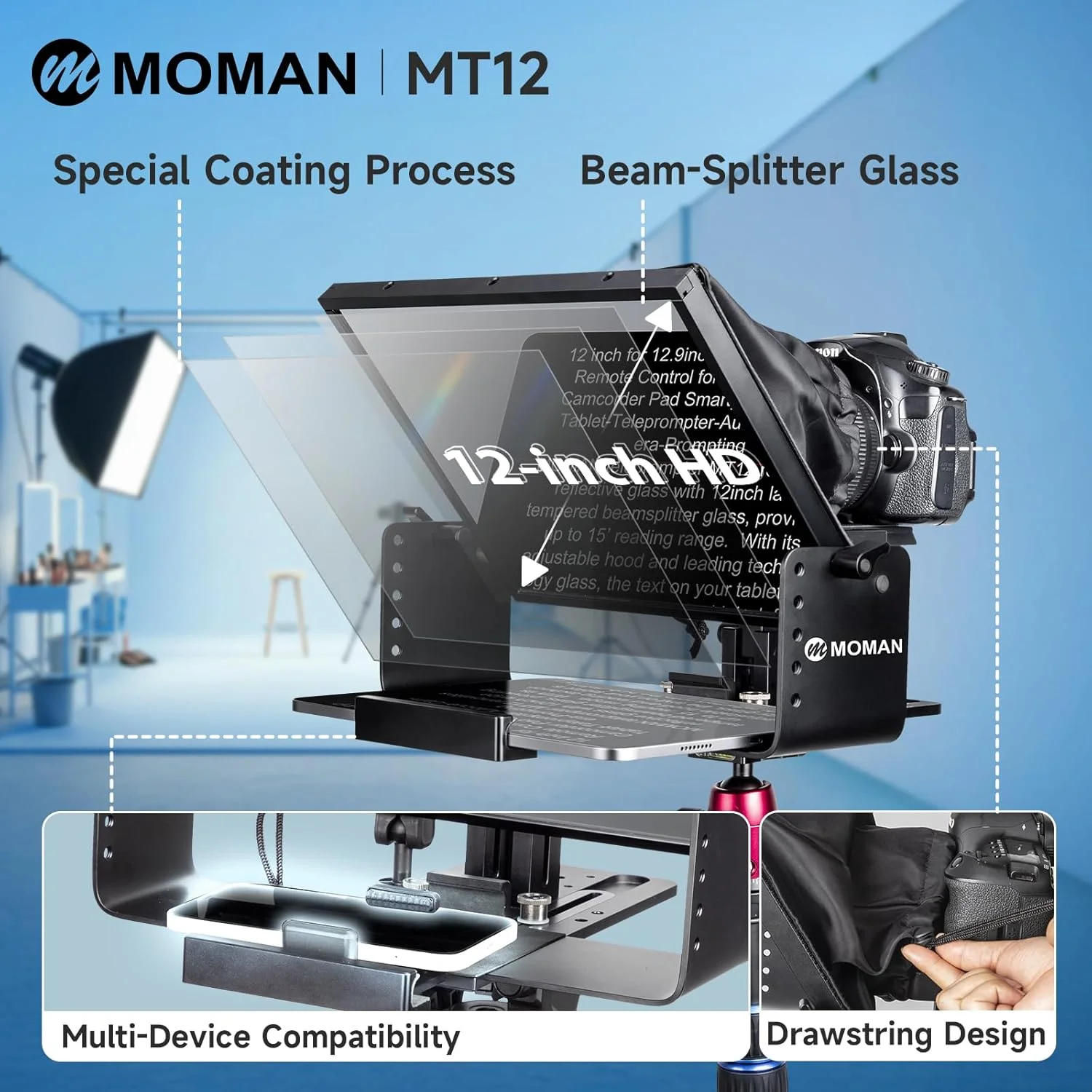 تله پرومتر مومان MT12 تله پرومتر فلزی برای تبلت ها تا 12.9 اینچ آیپد آیفون دوربین فیلمبرداری با کنترل از راه دور APP، تله پرومتر-تبلت-پرومتر-DSLR-تلفن هوشمند