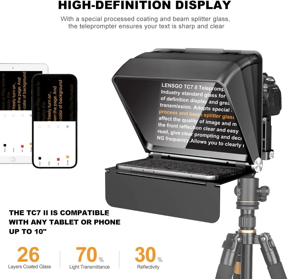 تله پرومپتر LENSGO برای دوربین DSLR/SLR، تله پرومپتر مینی 7.9 اینچی سازگار با برنامه iOS/Android برای یوتیوب/آموزش آنلاین/مصاحبه/پخش زنده، پشتیبانی از فیلمبرداری با لنزهای واید 24-35 میلی متری