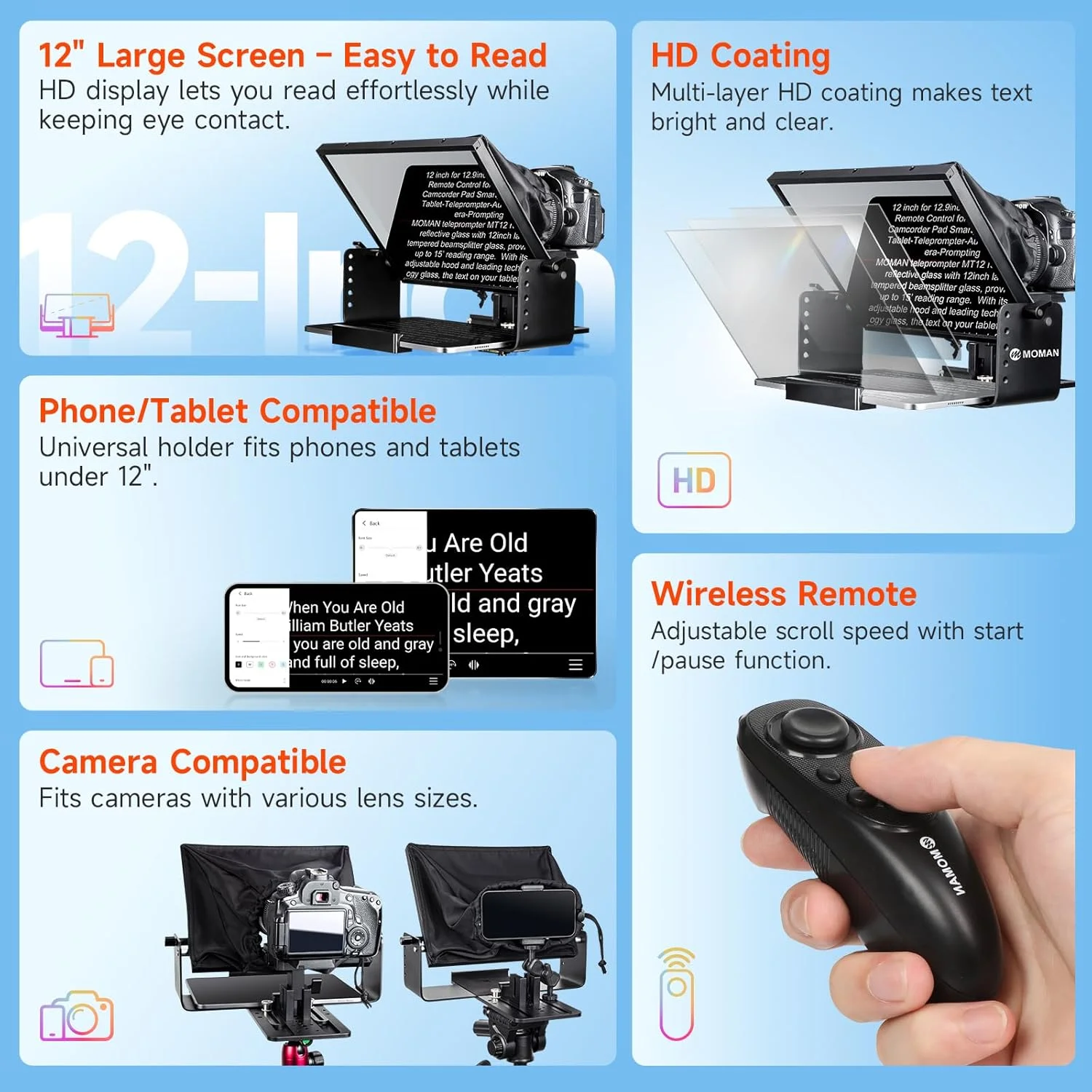 تله پرومتر مومان MT12 تله پرومتر فلزی برای تبلت ها تا 12.9 اینچ آیپد آیفون دوربین فیلمبرداری با کنترل از راه دور APP، تله پرومتر-تبلت-پرومتر-DSLR-تلفن هوشمند