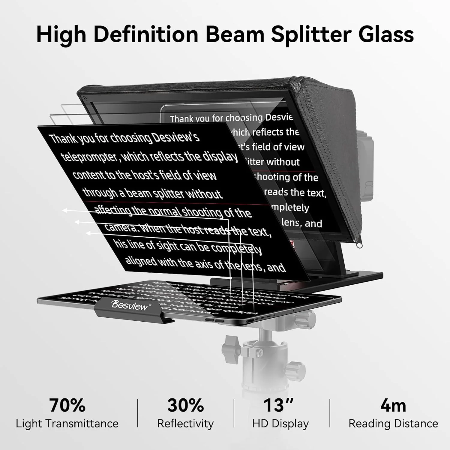 تله پروپتر ۱۳ اینچی Desview P13 آلیاژ آلومینیوم با شیشه وضوح بالا، سازگار با آیپد، تبلت، تلفن، DSLR، طراحی قابل حمل بدون نیاز به مونتاژ برای ضبط ویدیو