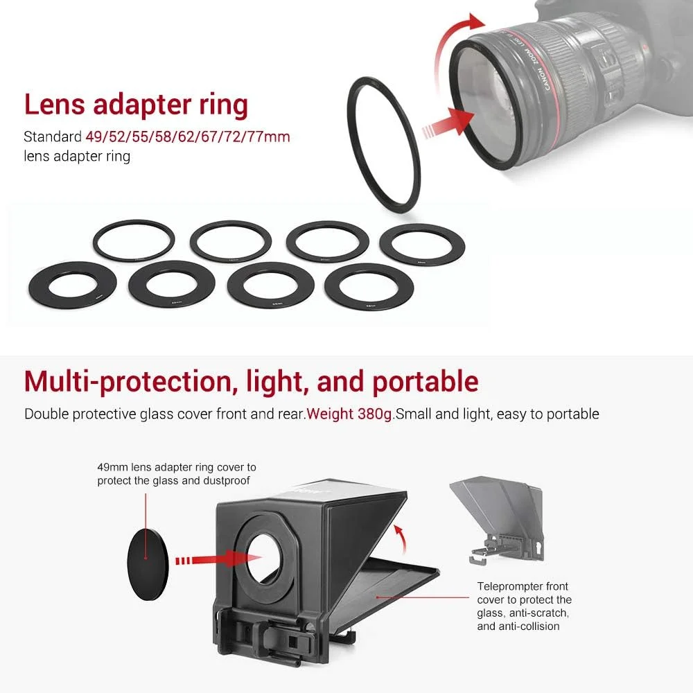 تله پرامپتر T2 با کنترل از راه دور، آداپتورهای لنز، پارچه تمیز کننده، پشتیبانی از زاویه باز برای تلفن هوشمند، تبلت، دوربین DSLR، سخنرانی استیج، پخش زنده، ویدئو آنلاین و ولاگ تله پرامپتر T2 با کنترل از راه دور، آداپتورهای لنز، پارچه تمیز کننده، پشتیبانی از زاویه باز برای تلفن هوشمند، تبلت، دوربین DSLR، سخنرانی استیج، پخش زنده، ویدئو آنلاین و ولاگ