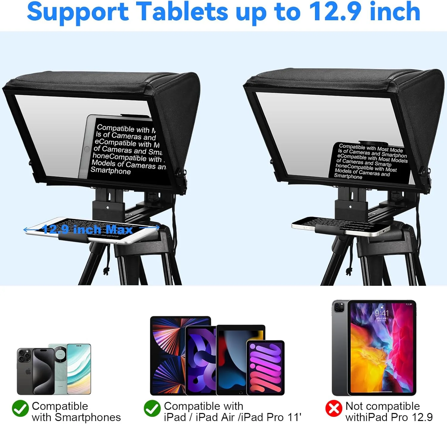 تله پرامپتر تمام فلزی TX12P برای DSLR/تبلت/تلفن، نصب بدون ابزار، کنترل از راه دور بی سیم، بدون قطعات پلاستیکی تله پرامپتر تمام فلزی TX12P برای DSLR/تبلت/تلفن، نصب بدون ابزار، کنترل از راه دور بی سیم، بدون قطعات پلاستیکی