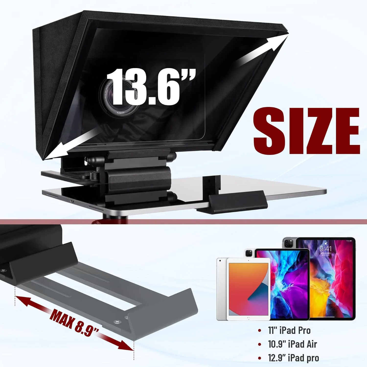 تله پرامپتر GEIMRSY i7 / 13.6 اینچی با کنترل از راه دور، سکوی نصب دوربین آلومینیومی قابل تنظیم برای تبلت های 12.9 اینچی، شیشه نوری حرارت دیده قابل چرخش، دارای کیف حمل.