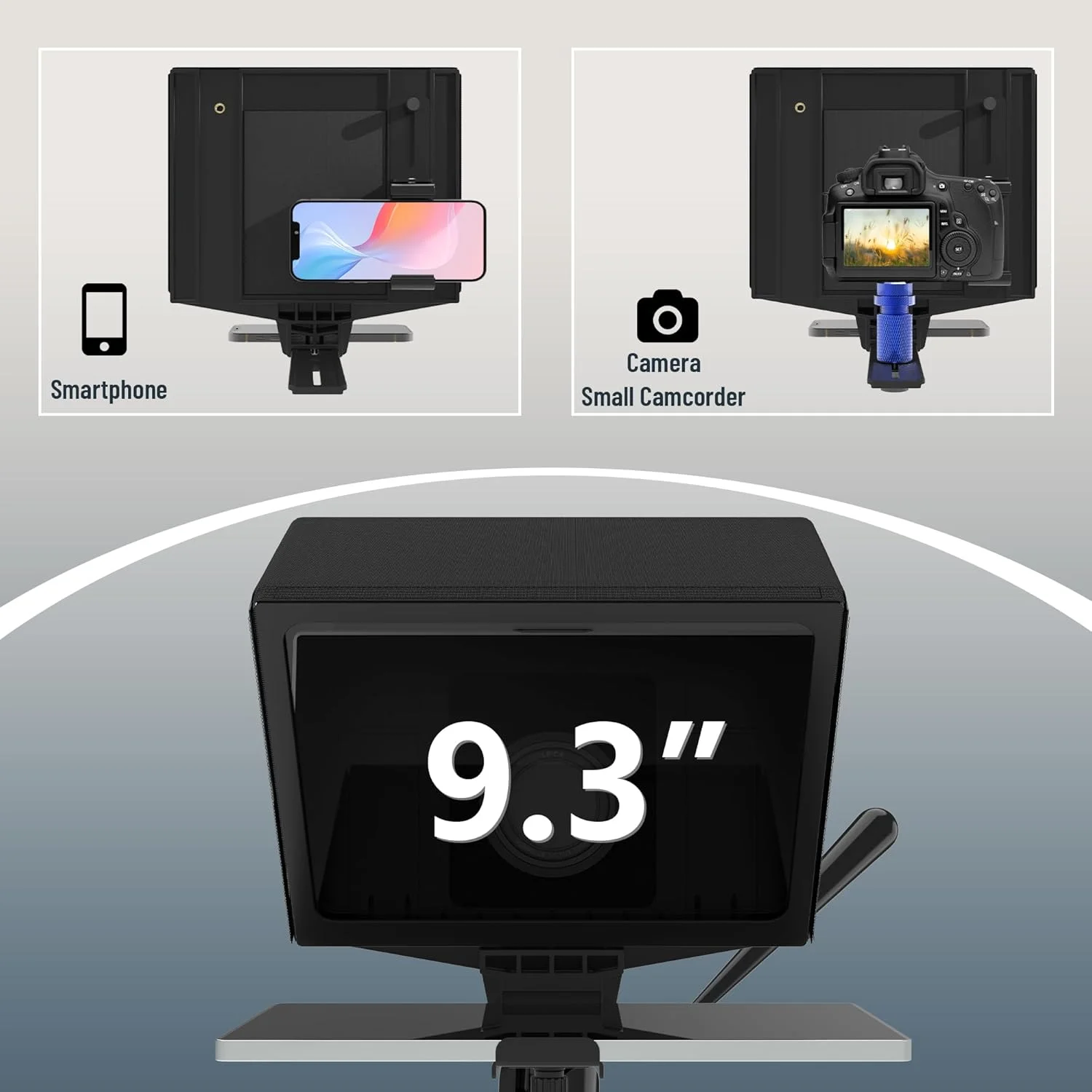 تله پرومتر آلومینیومی 9.30 اینچی با شیشه تقسیم 70/30 برای فیلمبرداری با تلفن و دوربین، سازگار با برنامه S-Teleprompter برای iOS/Android