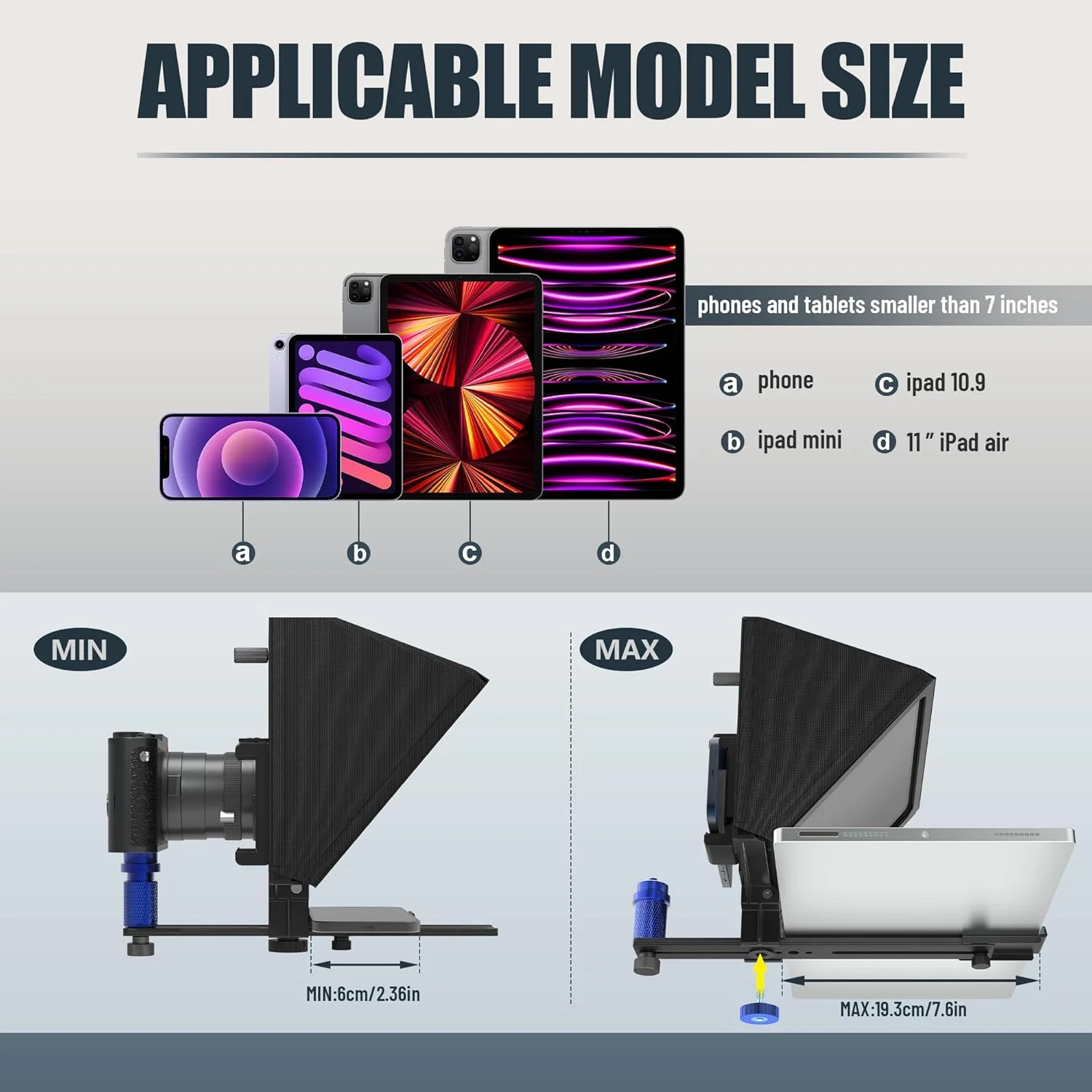 تله پرومتر آلومینیومی 9.30 اینچی با شیشه تقسیم 70/30 برای فیلمبرداری با تلفن و دوربین، سازگار با برنامه S-Teleprompter برای iOS/Android