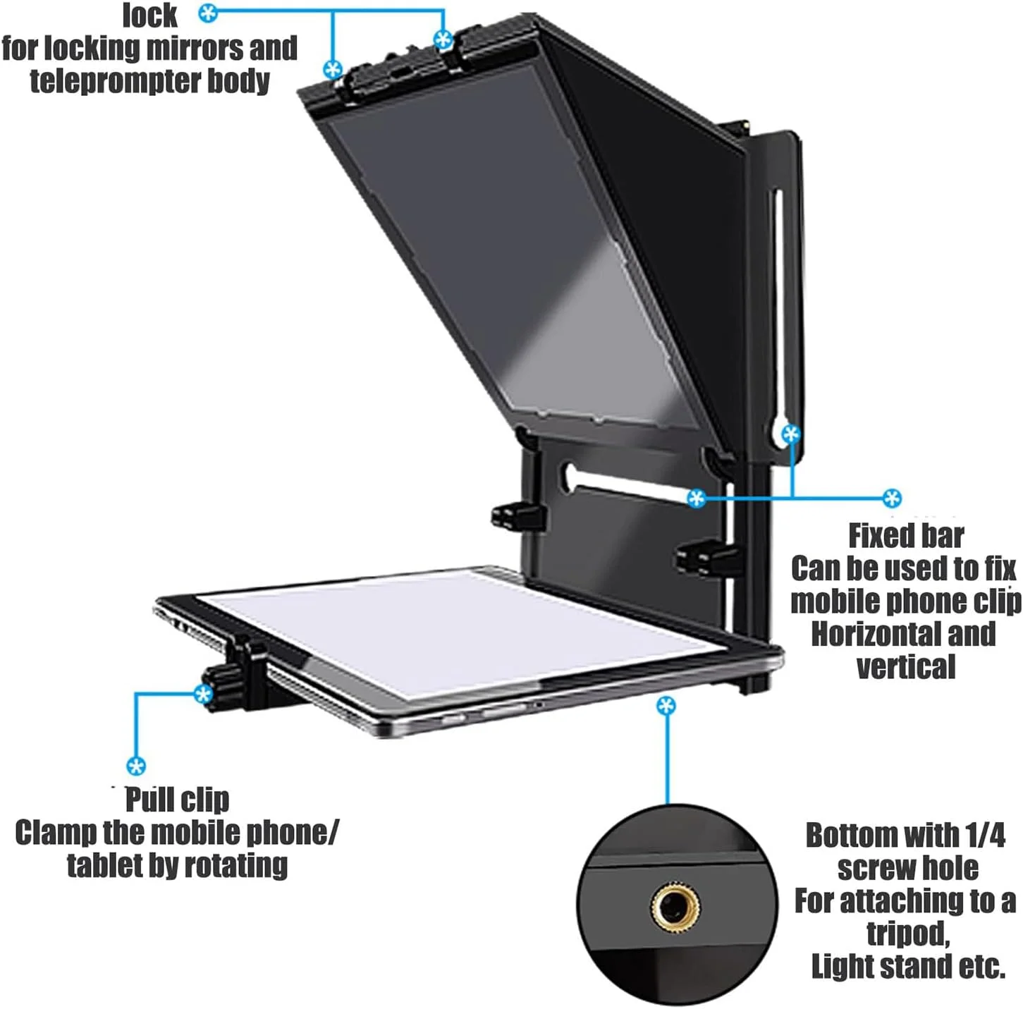 تله پرومپتر تاشو MiBoce، تله پرومپتر کوچک، با کنترل از راه دور، پارچه ضد نور، سازگار با آیپد، تبلت ها، تلفن های هوشمند، دوربین ها، برای ساخت ویدیو و پخش زنده در استودیو