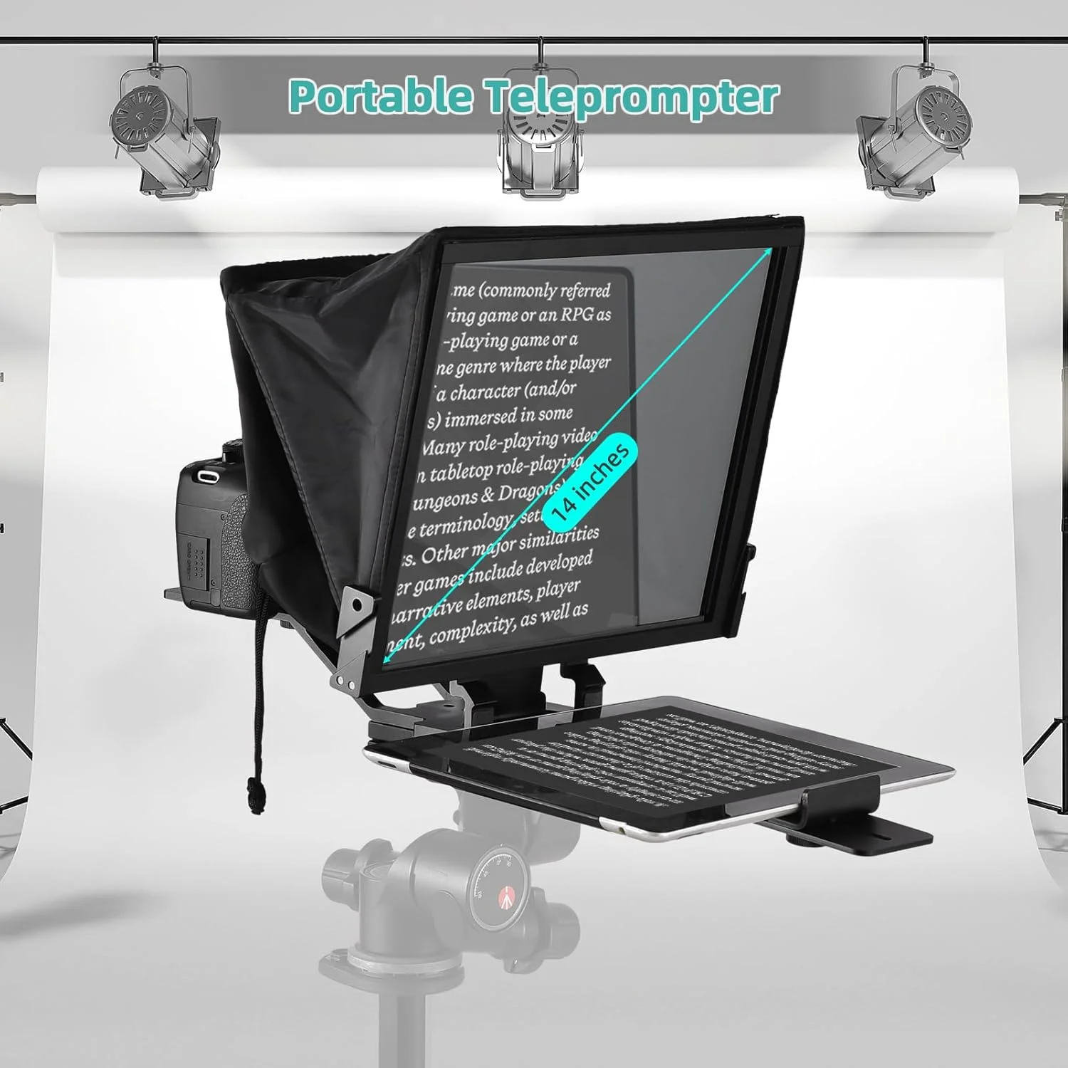 تله پرومپتر قابل حمل ۱۴ اینچی یونیورسال با دو پایه کفشک سرد و سوراخ رزوه ای ۱۴ اینچی به همراه ریموت کنترل و کیف حمل سازگار با تلفن هوشمند تبلت دوربین DSLR برای مصاحبه