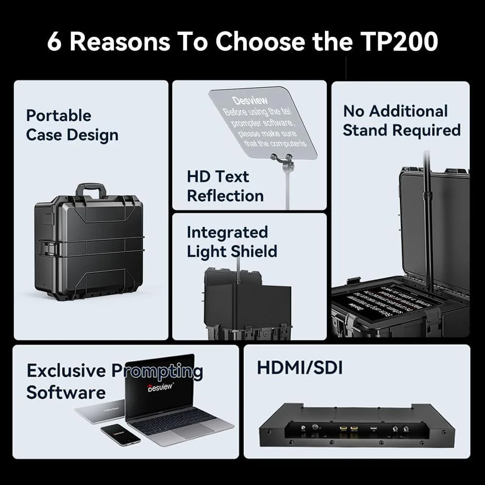 تله پرومپتر قابل حمل 17 اینچی یونیورسال Irovami TP200 با ورودی و خروجی SDI و پشتیبانی از کنترل برنامه سازگار با تلفن هوشمند/تبلت/با شیشه تقسیم پرتو کنترل از راه دور