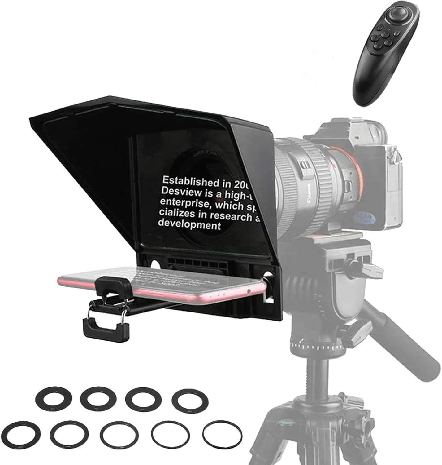 کیت تله پرومپتر قابل حمل Zxqiang T2 با حلقه آداپتور لنز، کنترل از راه دور، برای ضبط ویدیو با دوربین گوشی هوشمند/تبلت/دوربین DSLR (21.3x17.1x9.5cm) کیت تله پرومپتر قابل حمل Zxqiang T2 با حلقه آداپتور لنز، کنترل از راه دور، برای ضبط ویدیو با دوربین گوشی هوشمند/تبلت/دوربین DSLR (21.3x17.1x9.5cm)