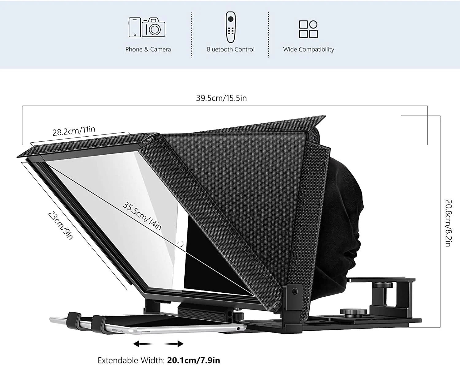 تله پرومپتر آلیاژ آلومینیوم TX12 با کنترل از راه دور از طریق اپلیکیشن، سازگار با آیپد، تلفن هوشمند، دوربین DSLR، تاشو با کیف حمل، مونتاژ آسان تله پرومپتر آلیاژ آلومینیوم TX12 با کنترل از راه دور از طریق اپلیکیشن، سازگار با آیپد، تلفن هوشمند، دوربین DSLR، تاشو با کیف حمل، مونتاژ آسان