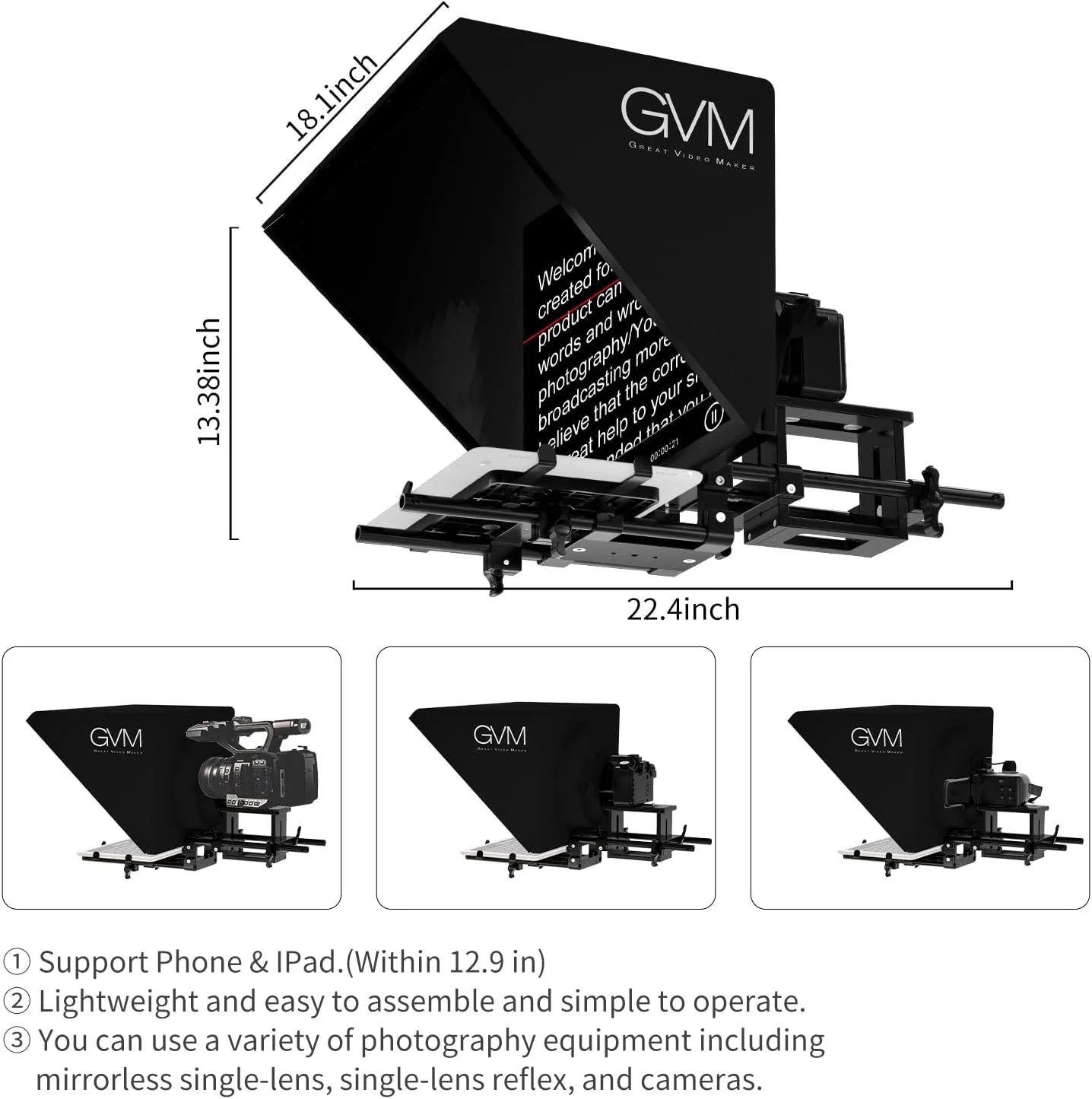 جی وی ام تله پروپتر برای آیپد، تبلت، دوربین DSLR، کیت تله پروپتر قابل حمل 18 اینچی با کنترل از راه دور و اپلیکیشن، ساختار آلومینیومی محکم، طیف سنج بدون رنگ، لنز فوق العاده HD با زاویه دید عریض جی وی ام تله پروپتر برای آیپد، تبلت، دوربین DSLR، کیت تله پروپتر قابل حمل 18 اینچی با کنترل از راه دور و اپلیکیشن، ساختار آلومینیومی محکم، طیف سنج بدون رنگ، لنز فوق العاده HD با زاویه دید عریض