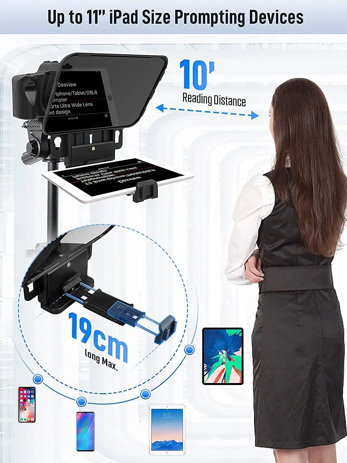 تله پرامپتر پخش Desview T3 برای تبلت 11 اینچی، تلفن های همراه، پرامپتر مصاحبه در فضای باز، سخنرانی، DSLR، تبلت خوان و پشتیبانی از لنزهای زاویه باز، ساده، کوچکتر و قابل حمل تله پرامپتر پخش Desview T3 برای تبلت 11 اینچی، تلفن های همراه، پرامپتر مصاحبه در فضای باز، سخنرانی، DSLR، تبلت خوان و پشتیبانی از لنزهای زاویه باز، ساده، کوچکتر و قابل حمل