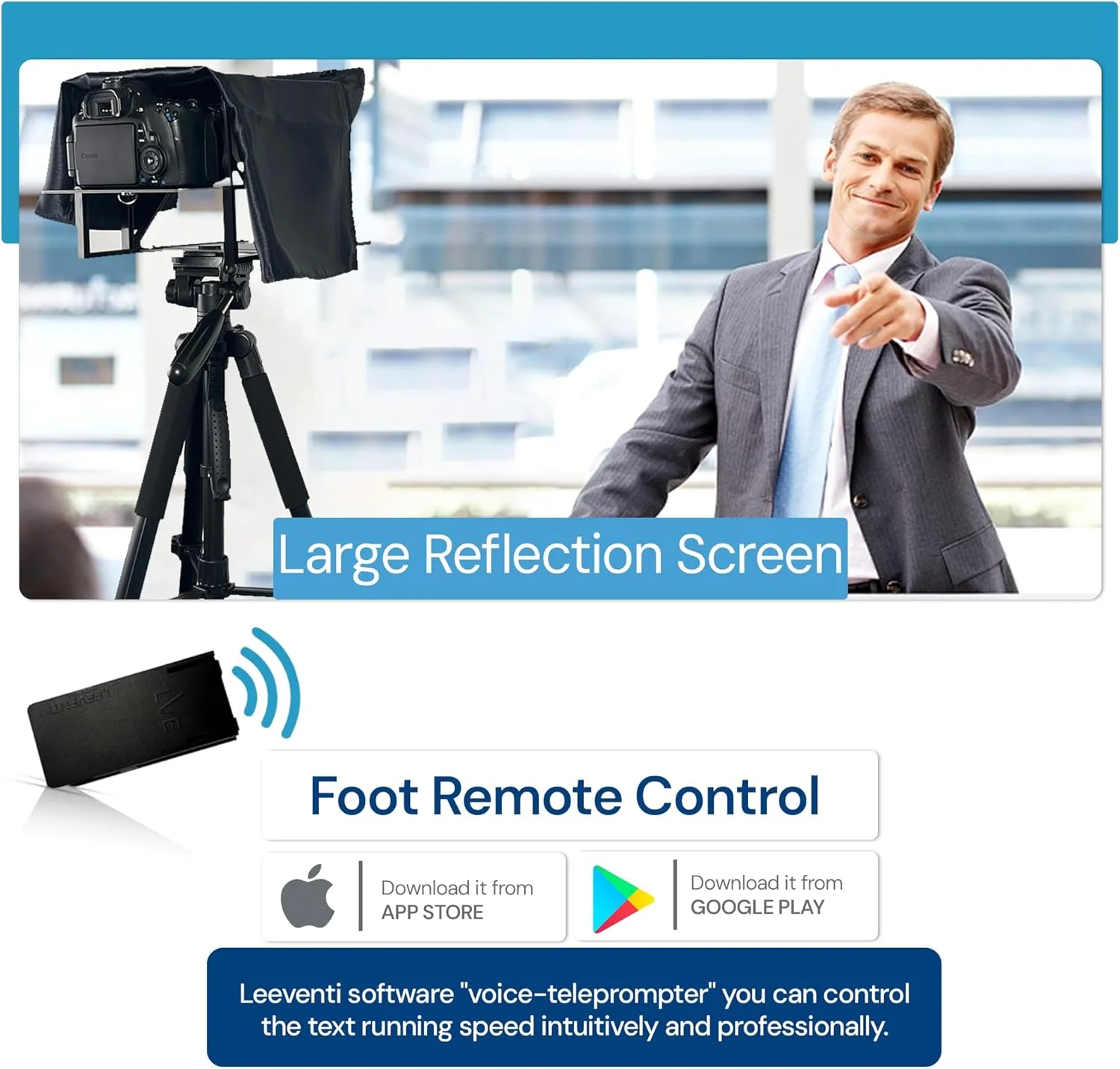 تلهپروتر Leeventi 5.0 | همراه با کنترل از راه دور پایی | سازگاری کامل با تبلتها، تلفنهای هوشمند، دوربینهای عکس و فیلم | طراحی جمع و جور: 600 گرم، 30x40x3 سانتیمتر تلهپروتر Leeventi 5.0 | همراه با کنترل از راه دور پایی | سازگاری کامل با تبلتها، تلفنهای هوشمند، دوربینهای عکس و فیلم | طراحی جمع و جور: 600 گرم، 30x40x3 سانتیمتر