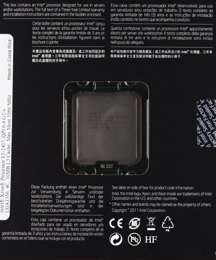 پردازنده چهارهسته‌ای Intel Xeon E5-2407 با فرکانس 2.20 گیگاهرتز (6.4 GT/s) سوکت LGA10، حافظه کش L3 10 مگابایت، نسخه جعبه‌ای