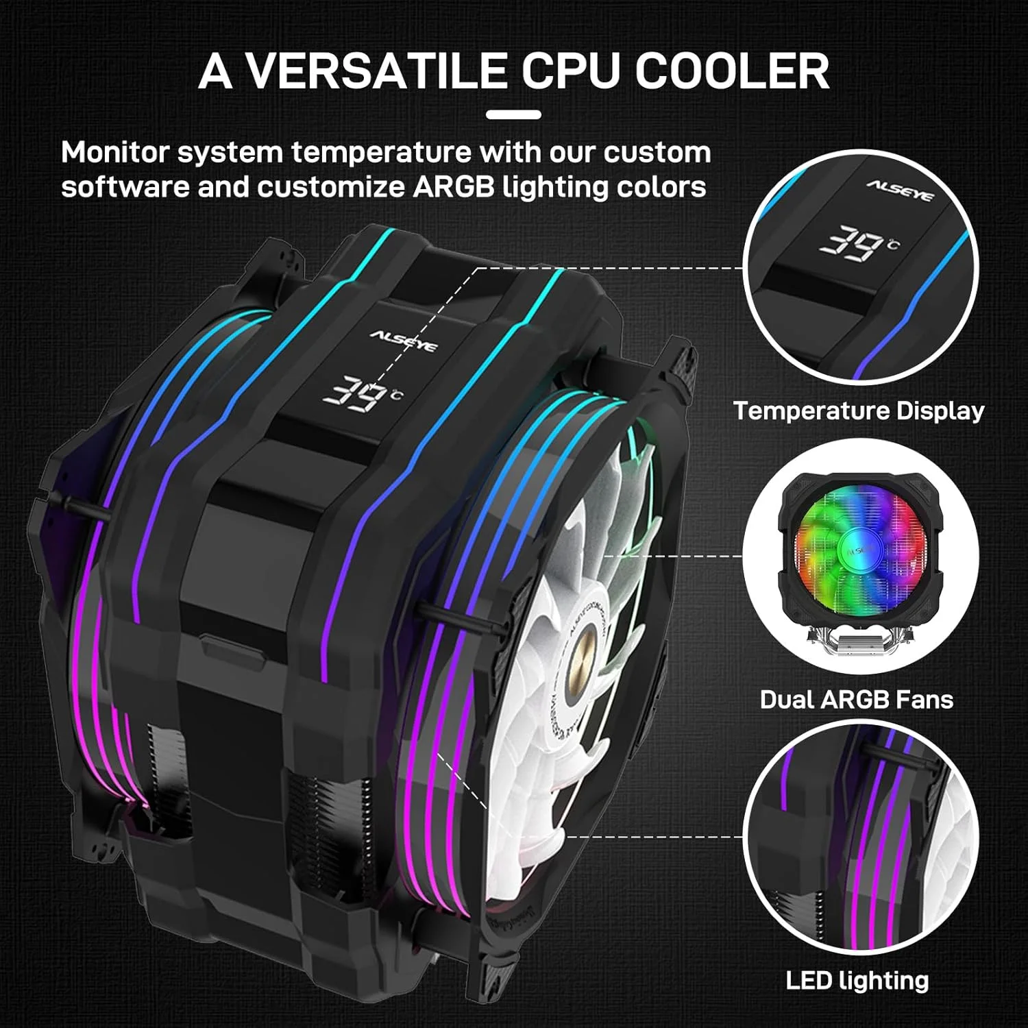 فن‌های RGB، فن خنک‌کننده پردازنده 120 میلی‌متری، خنک‌کننده بادی پردازنده با عملکرد بالا، فن دوگانه با 4 لوله حرارتی، خنک‌کننده رایانه شخصی سازگار با Aura/RGB با 4 پین برای اینتل/AMD (مشکی)