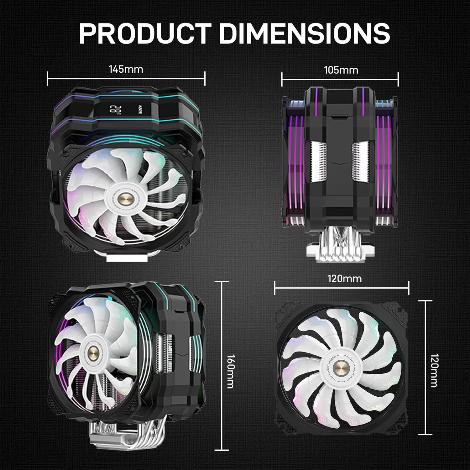 فن‌های RGB، فن خنک‌کننده پردازنده 120 میلی‌متری، خنک‌کننده بادی پردازنده با عملکرد بالا، فن دوگانه با 4 لوله حرارتی، خنک‌کننده رایانه شخصی سازگار با Aura/RGB با 4 پین برای اینتل/AMD (مشکی)