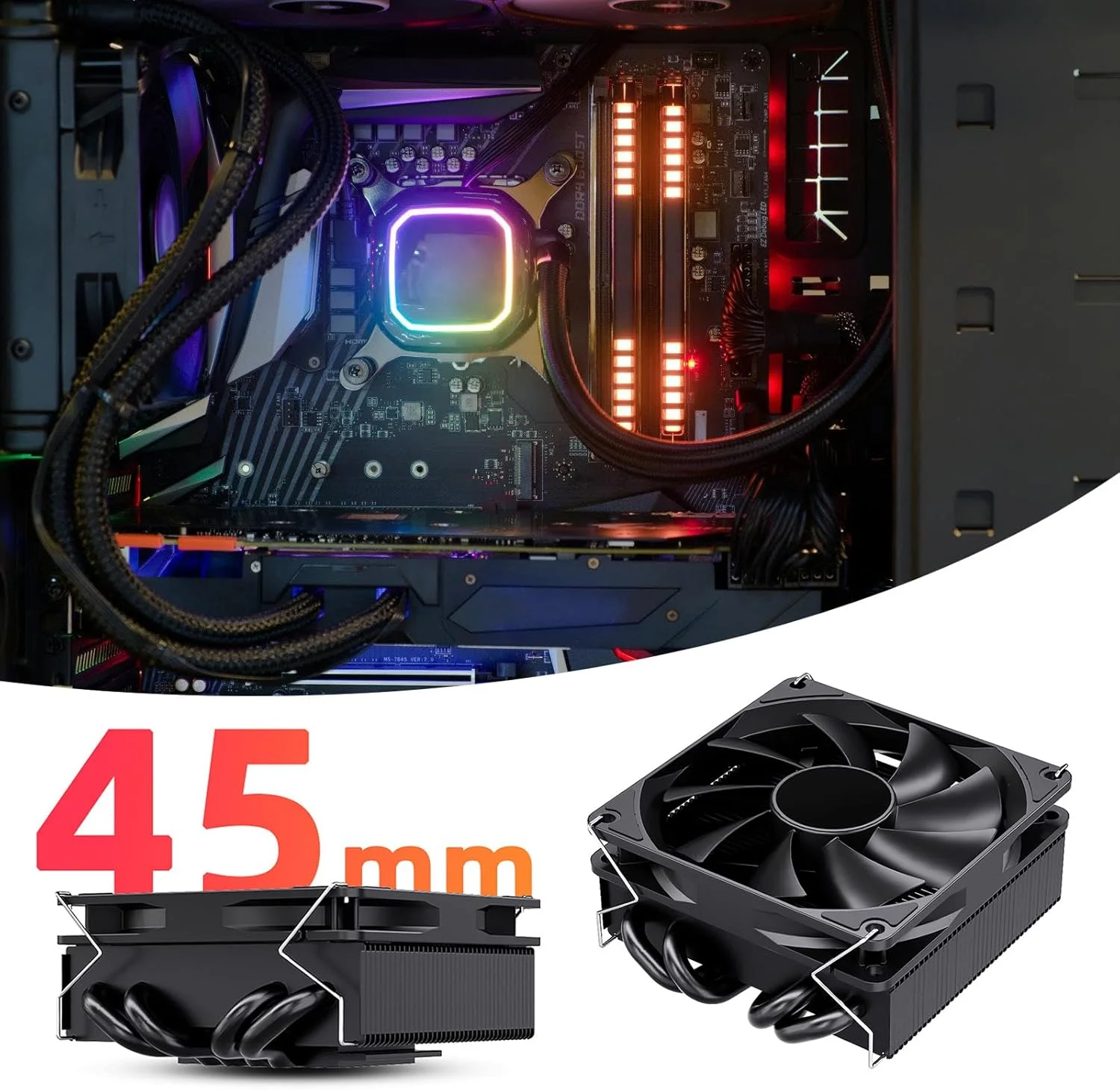 خنک کننده بادی پردازنده 45 میلی متری با 4 لوله حرارتی و فن 15 میلی متری برای LGA1700/1200/115X, AM5/AM4