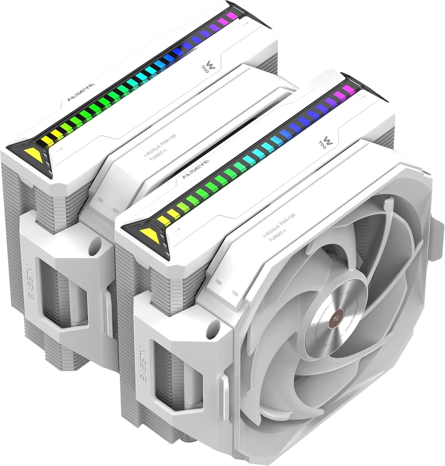 خنک کننده پردازنده ALSEYE W700 Pro Dual-Tower 300W TDP PWM با 7 لوله حرارتی مسی، خنک کننده بادی با نور ARGB هماهنگ با صدا، فن های Koala LGA1700/1200/2011/2066 AM5/AM4 (سفید)