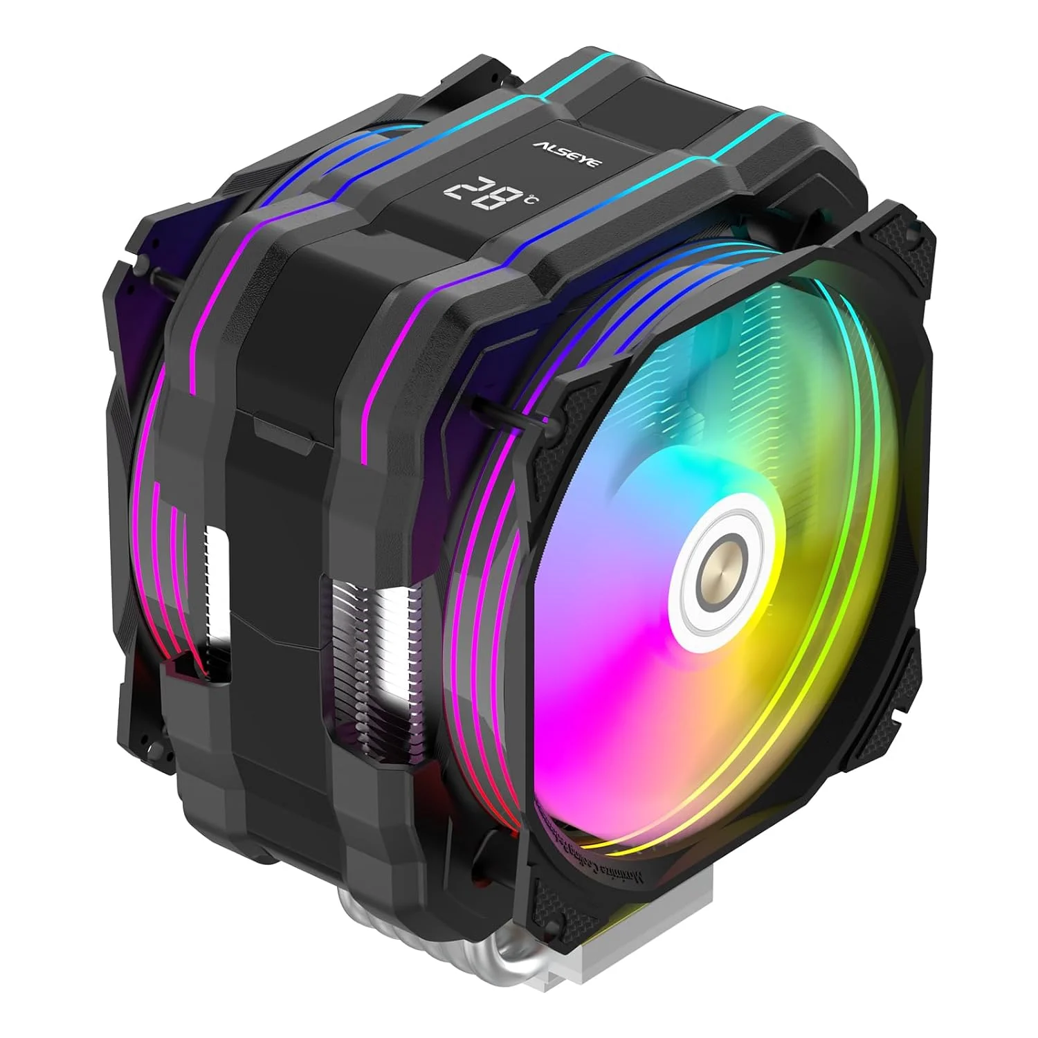خنک کننده پردازنده بادی ALSEYE M120D Plus با نمایشگر دما، دارای دو فن ARGB و PWM 120 میلی متری سری Max، سازگار با Intel LGA1700 /1200 /115X /2011/2066 /1366 و AMD AM4/AM5 (مشکی)